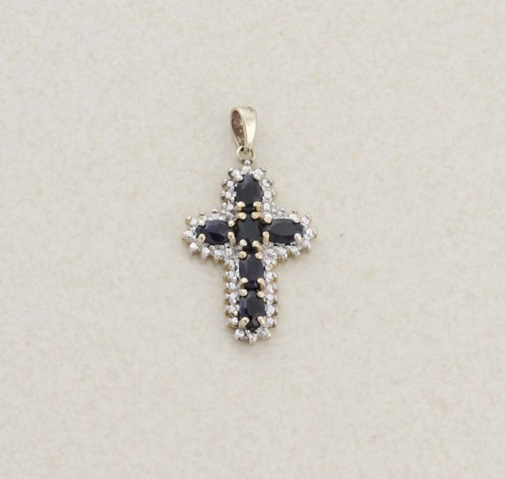 18k Pendant Only Gold Over Sterling Silver Natural Sapphire Cross Pendant 1 1/4"